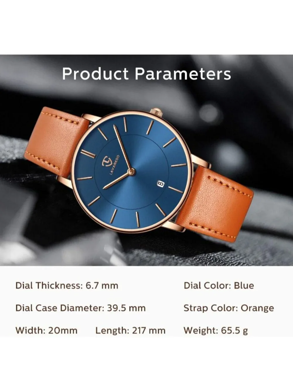 Men Blue Orange Leather Strap Analog Minimalist Fashion Simple Round Wrist Watch